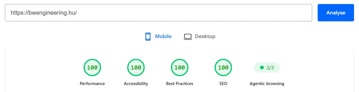 PageSpeed Insights mobile report for bwengineering.hu: 100/100/100/100 on Performance, Accessibility, Best Practices, and SEO, plus a 3/3 Agentic browsing score